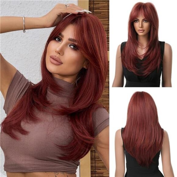 Long Straight Wine Red Wigs for Women Synthetic Layered Burgundy Red